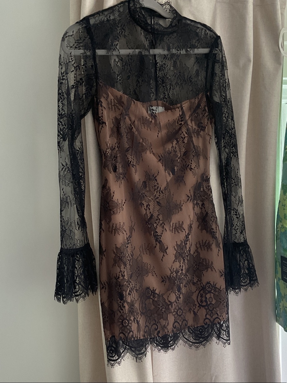 Reformation Black Lace Overlay Brown Slip Dress with Long Sleeves